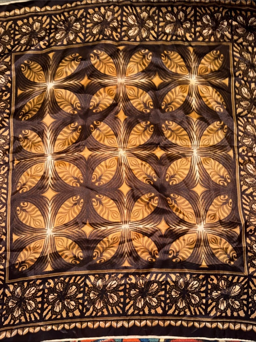 Vintage Polynesian Tapa Siapo Print Square Silk Scarf Earthy Brown Gold Boho